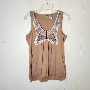 Y2k Route 66 Tan Embroidered Butterfly Wide Strap Tank Top 90s
